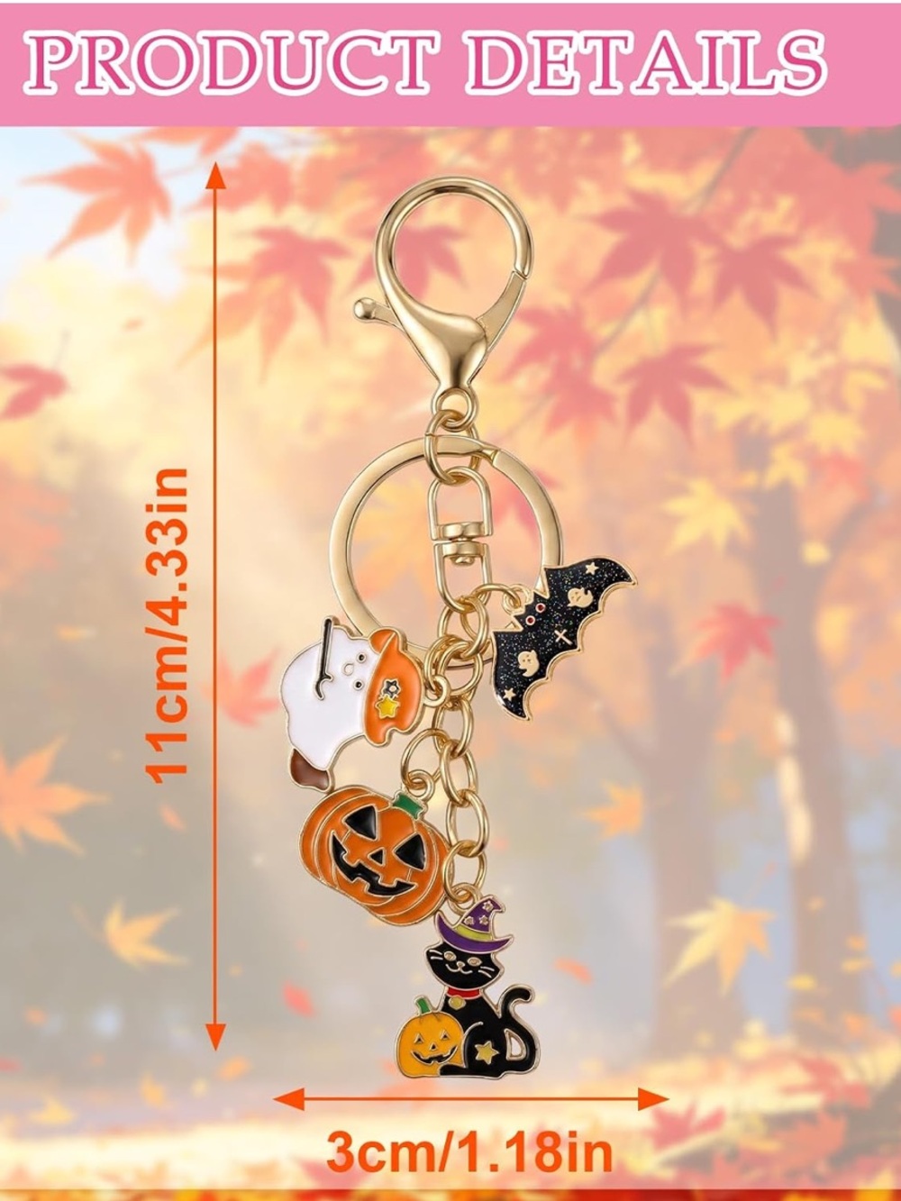 Halloween Charm Keychain - Gold Tone with Orange, Black, White Charms - Picture 2 of 6